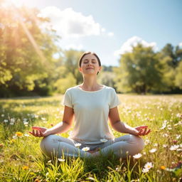A serene scene of a person meditating peacefully in a bright, sunny environment