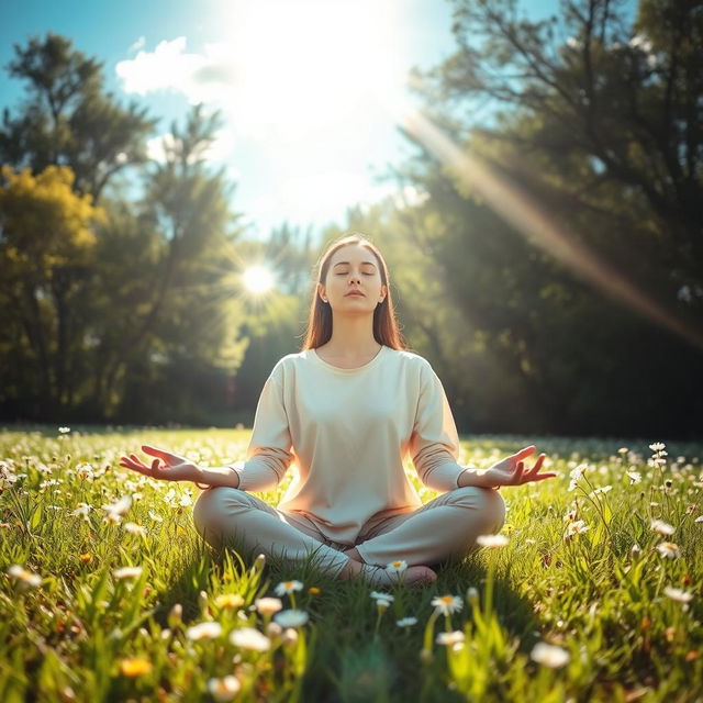 A serene scene of a person meditating peacefully in a bright, sunny environment