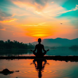 A serene scene capturing a person meditating peacefully at sunrise in India