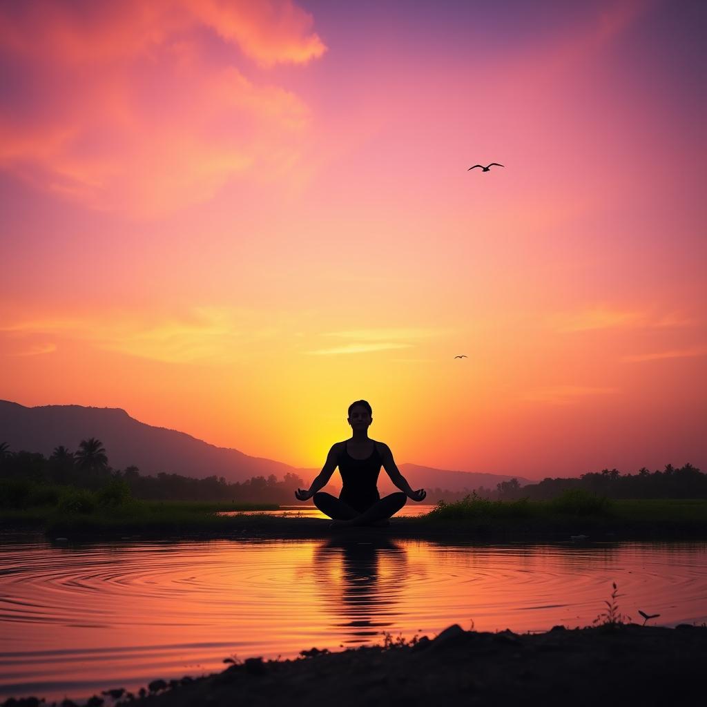 A serene scene capturing a person meditating peacefully at sunrise in India