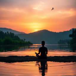 A serene scene capturing a person meditating peacefully at sunrise in India