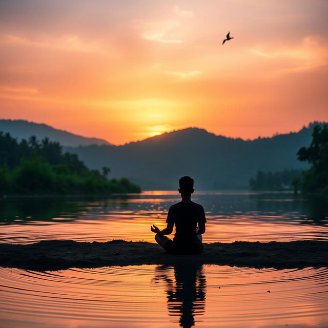 A serene scene capturing a person meditating peacefully at sunrise in India