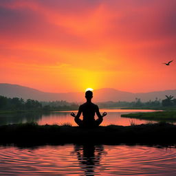 A serene scene capturing a person meditating peacefully at sunrise in India
