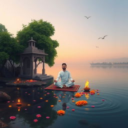 A serene scene depicting meditation in India, featuring a peaceful setting by the Ganges River, lush green trees surrounding a small temple