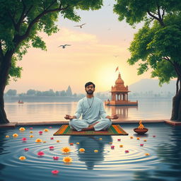A serene scene depicting meditation in India, featuring a peaceful setting by the Ganges River, lush green trees surrounding a small temple