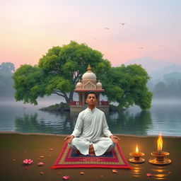 A serene scene depicting meditation in India, featuring a peaceful setting by the Ganges River, lush green trees surrounding a small temple