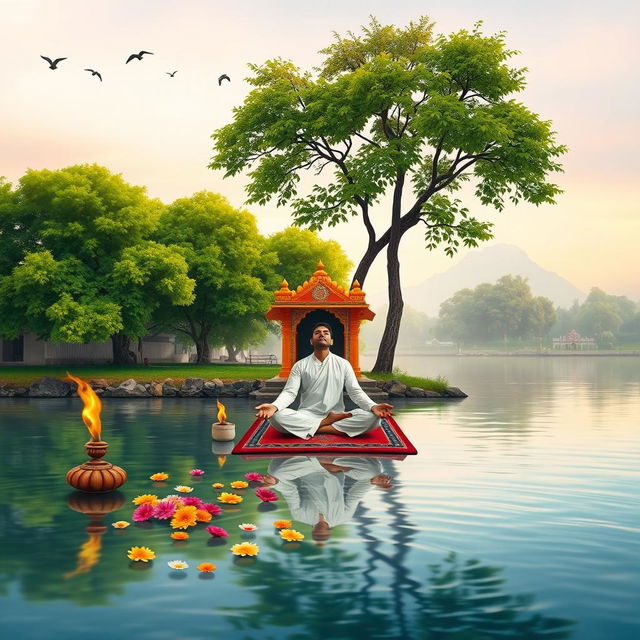 A serene scene depicting meditation in India, featuring a peaceful setting by the Ganges River, lush green trees surrounding a small temple