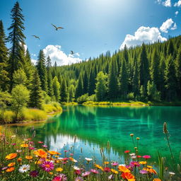 A stunning landscape showcasing the beauty of nature, featuring a lush green forest with tall trees under a bright blue sky, a tranquil clear lake reflecting the vibrant scenery, and colorful wildflowers in the foreground