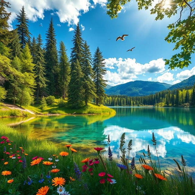 A stunning landscape showcasing the beauty of nature, featuring a lush green forest with tall trees under a bright blue sky, a tranquil clear lake reflecting the vibrant scenery, and colorful wildflowers in the foreground