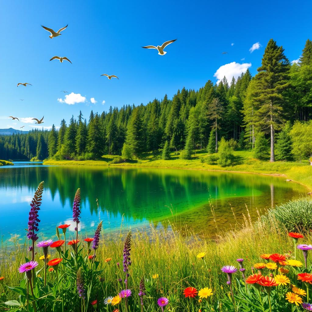 A stunning landscape showcasing the beauty of nature, featuring a lush green forest with tall trees under a bright blue sky, a tranquil clear lake reflecting the vibrant scenery, and colorful wildflowers in the foreground