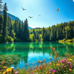 A stunning landscape showcasing the beauty of nature, featuring a lush green forest with tall trees under a bright blue sky, a tranquil clear lake reflecting the vibrant scenery, and colorful wildflowers in the foreground