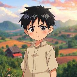 A confident 12-year-old young boy with short black hair and sharp features in an anime style