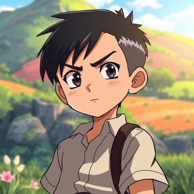 A confident 12-year-old young boy with short black hair and sharp features in an anime style