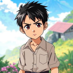 A confident 12-year-old young boy with short black hair and sharp features in an anime style
