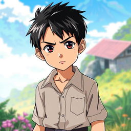 A confident 12-year-old young boy with short black hair and sharp features in an anime style