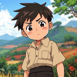 A confident 12-year-old young boy with short black hair and sharp features in an anime style