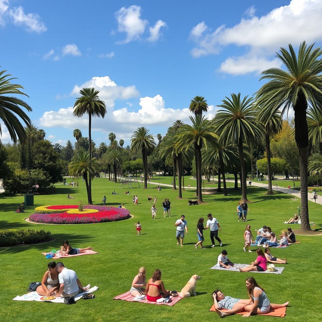 A vibrant public park in California, filled with lush green grass, colorful flowers, and tall palm trees swaying in the gentle breeze