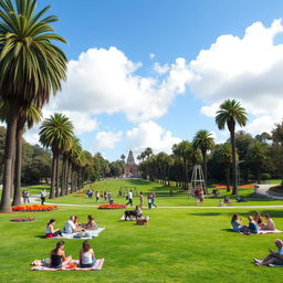 A vibrant public park in California, filled with lush green grass, colorful flowers, and tall palm trees swaying in the gentle breeze