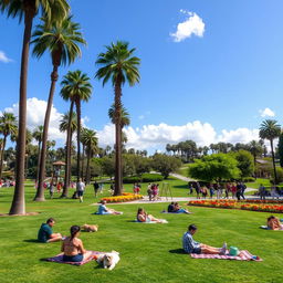 A vibrant public park in California, filled with lush green grass, colorful flowers, and tall palm trees swaying in the gentle breeze