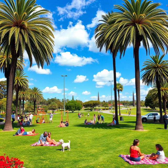 A vibrant public park in California, filled with lush green grass, colorful flowers, and tall palm trees swaying in the gentle breeze