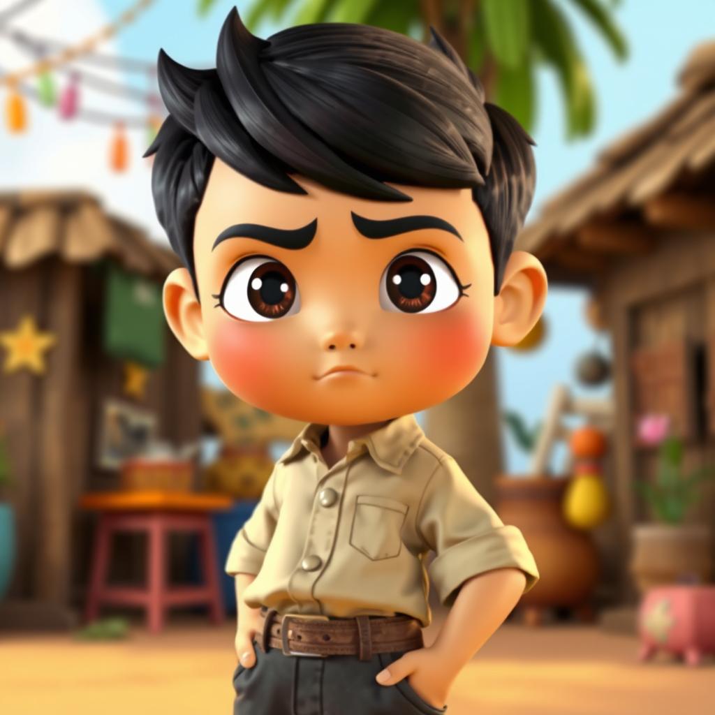 A 12-year-old boy with a confident demeanor, featuring short black hair and sharp facial features