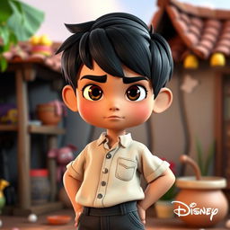 A 12-year-old boy with a confident demeanor, featuring short black hair and sharp facial features