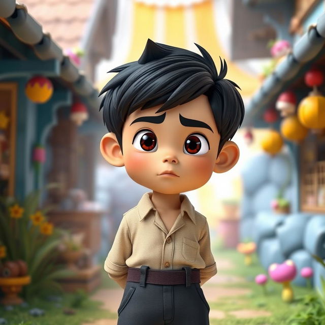 A 12-year-old boy with a confident demeanor, featuring short black hair and sharp facial features