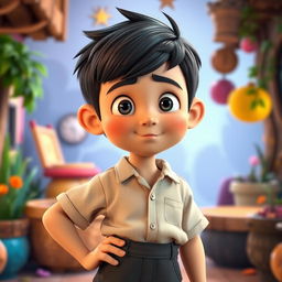 A 12-year-old boy with a confident demeanor, featuring short black hair and sharp facial features