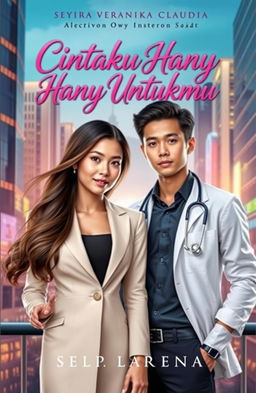 A captivating book cover for 'Cintaku Hanya Untukmu', featuring Seyra Veranika Claudia, an elegant young woman with long flowing hair, dressed in a modern formal outfit symbolizing her status as a successful entrepreneur