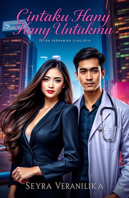 A captivating book cover for 'Cintaku Hanya Untukmu', featuring Seyra Veranika Claudia, an elegant young woman with long flowing hair, dressed in a modern formal outfit symbolizing her status as a successful entrepreneur