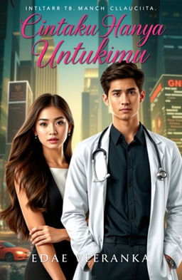 A captivating book cover for 'Cintaku Hanya Untukmu', featuring Seyra Veranika Claudia, an elegant young woman with long flowing hair, dressed in a modern formal outfit symbolizing her status as a successful entrepreneur