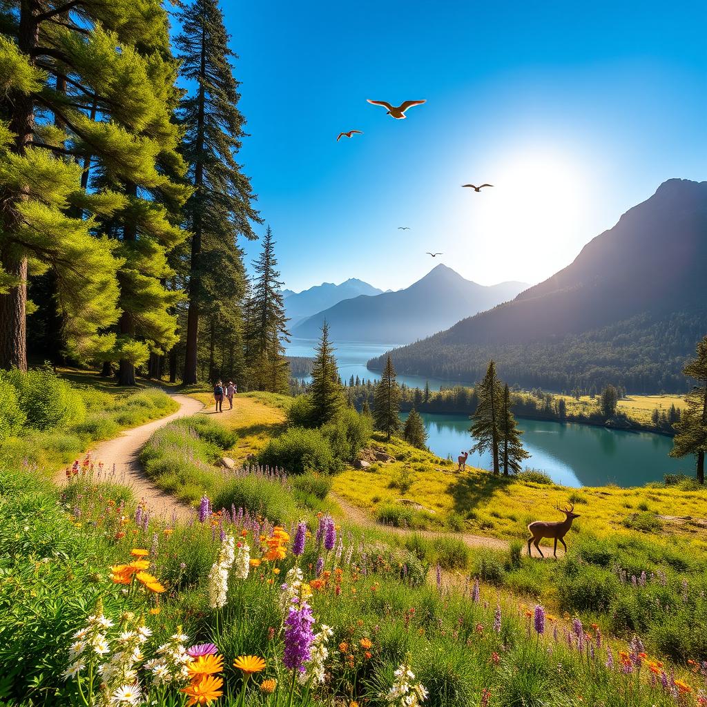 A stunning view of a nature park in California, showcasing vibrant green foliage, tall trees, and a clear blue sky