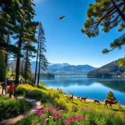A stunning view of a nature park in California, showcasing vibrant green foliage, tall trees, and a clear blue sky