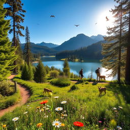 A stunning view of a nature park in California, showcasing vibrant green foliage, tall trees, and a clear blue sky