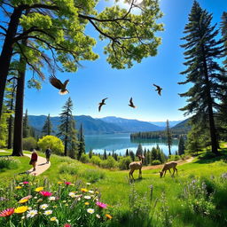 A stunning view of a nature park in California, showcasing vibrant green foliage, tall trees, and a clear blue sky