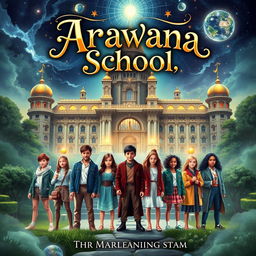 An enchanting book cover for 'Arawana School', depicting a mystical magic school for selected zodiac students hidden from the ordinary world