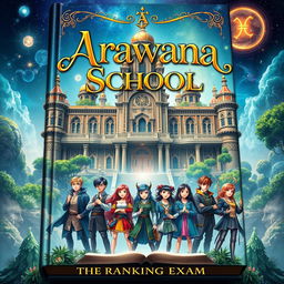 An enchanting book cover for 'Arawana School', depicting a mystical magic school for selected zodiac students hidden from the ordinary world