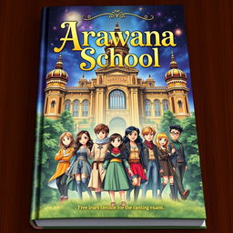 An enchanting book cover for 'Arawana School', depicting a mystical magic school for selected zodiac students hidden from the ordinary world
