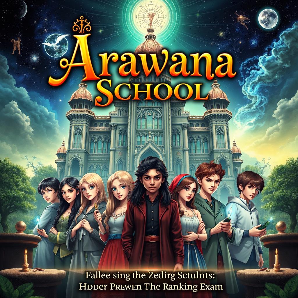 An enchanting book cover for 'Arawana School', depicting a mystical magic school for selected zodiac students hidden from the ordinary world