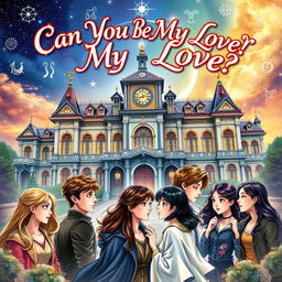 A magical book cover for 'Can You Be My Love?', depicting the enchanting Arwana School, a hidden magic institution for selected zodiac students