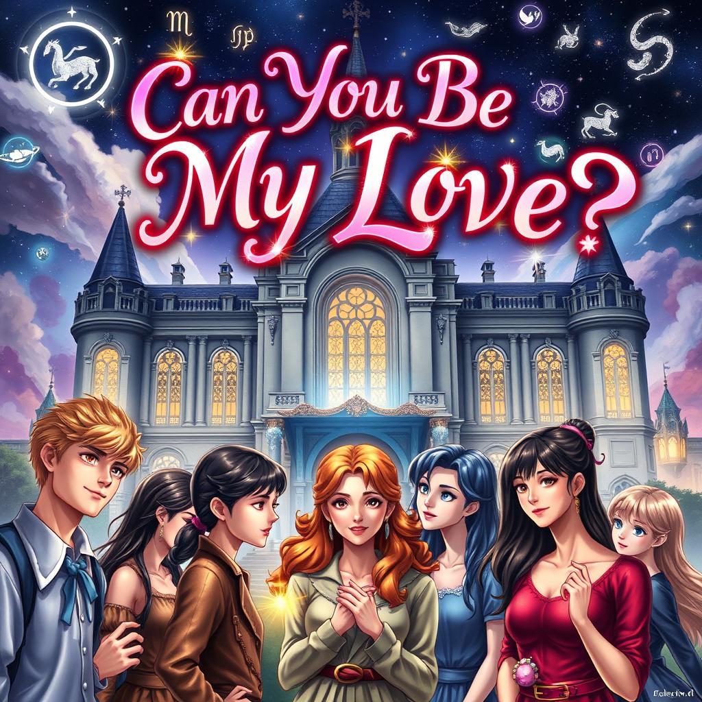 A magical book cover for 'Can You Be My Love?', depicting the enchanting Arwana School, a hidden magic institution for selected zodiac students