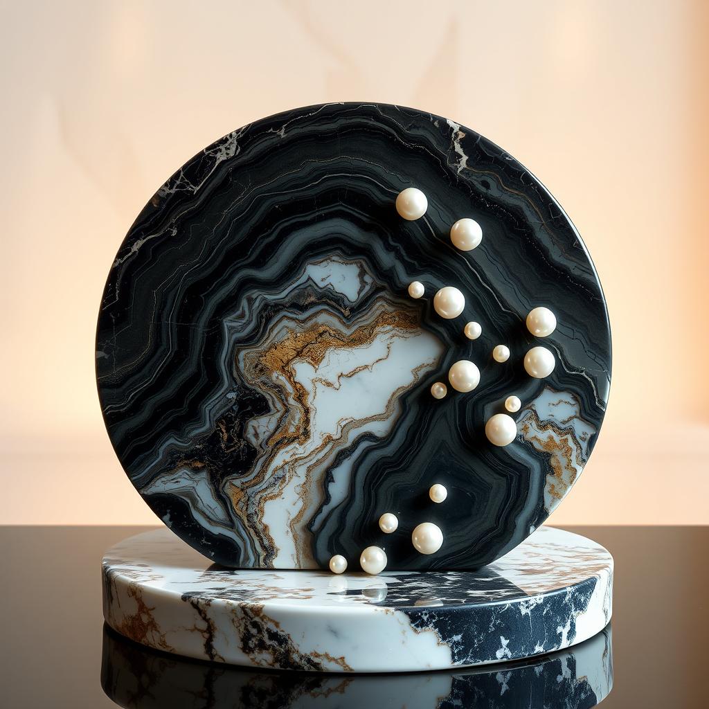 A stunning sculpture featuring a seamless blend of beautiful Academy marble, rich onyx, and lustrous pearls