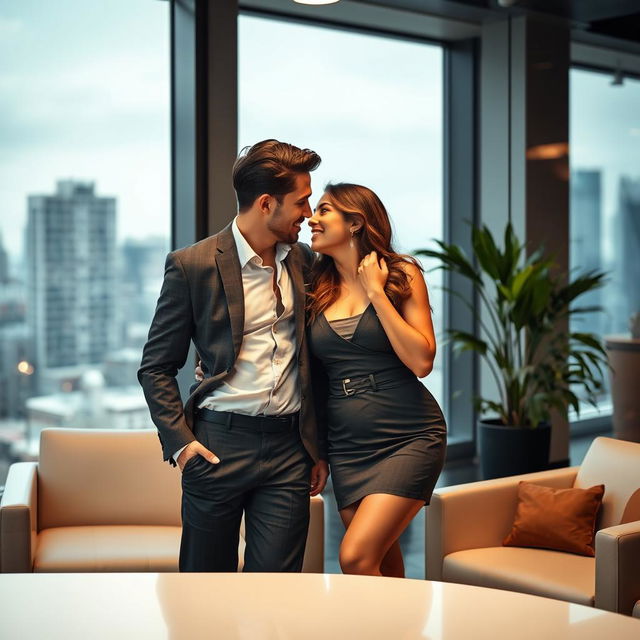 A passionate office romance scene between two attractive professionals, showcasing their chemistry as they share a secret moment in a modern office environment