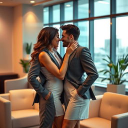 A passionate office romance scene between two attractive professionals, showcasing their chemistry as they share a secret moment in a modern office environment