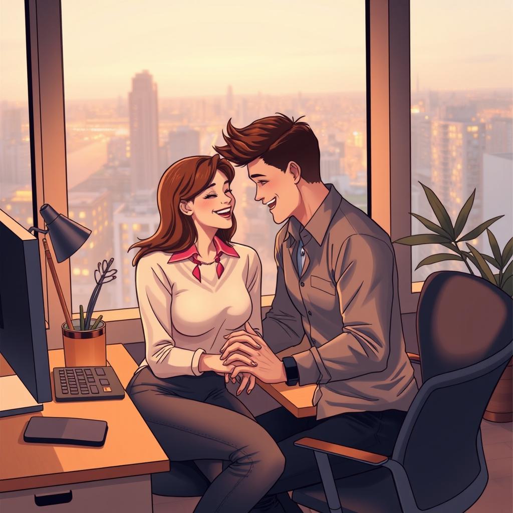 An intimate moment between two office workmates who are falling in love, set within a cozy, modern office space