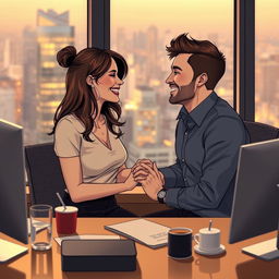 An intimate moment between two office workmates who are falling in love, set within a cozy, modern office space