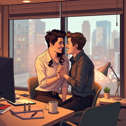 An intimate moment between two office workmates who are falling in love, set within a cozy, modern office space