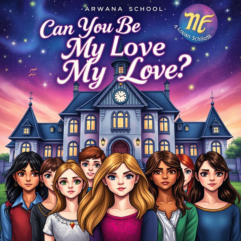 A captivating book cover for 'Can You Be My Love?', featuring the magical Arwana School, a hidden institution for chosen zodiac students