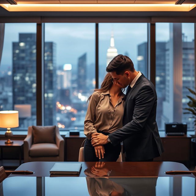 A captivating scene depicting the intimacy of two office professionals in a romantic setting