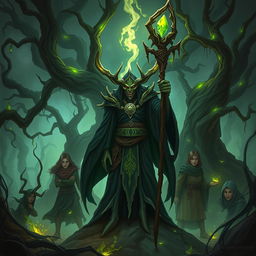 An evil druid standing ominously in a dark, enchanted forest, surrounded by twisted trees and glowing green vines